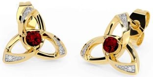 Diamond Garnet Gold Celtic Trinity Knot Stud Earrings