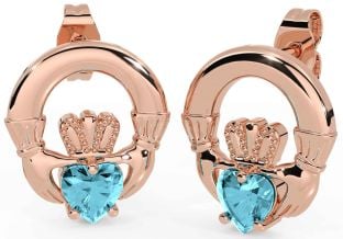 Aquamarine Rose Gold Silver Claddagh Stud Earrings