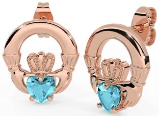 Aquamarine Rose Gold Silver Claddagh Stud Earrings