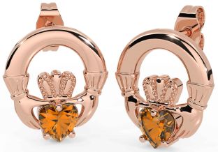 Citrine Rose Gold Silver Claddagh Stud Earrings
