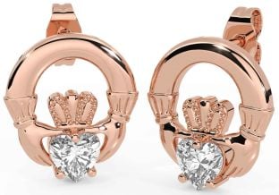 Diamond Rose Gold Silver Claddagh Stud Earrings