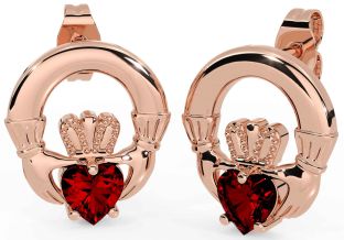 Garnet Rose Gold Silver Claddagh Stud Earrings