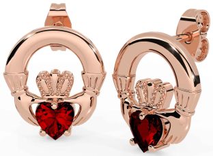 Garnet Rose Gold Silver Claddagh Stud Earrings