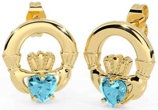 Aquamarine Gold Silver Claddagh Stud Earrings