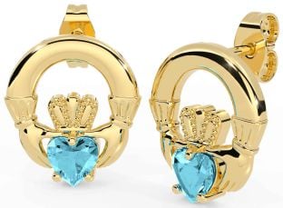 Aquamarine Gold Silver Claddagh Stud Earrings