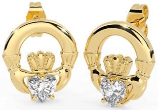 Diamond Gold Silver Claddagh Stud Earrings