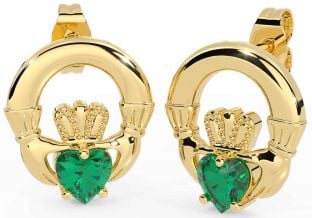 Emerald Gold Silver Claddagh Stud Earrings