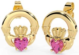 Pink Tourmaline Gold Silver Claddagh Stud Earrings