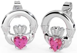 Pink Tourmaline White Gold Claddagh Stud Earrings