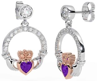 Diamond Amethyst Rose Gold Silver Claddagh Dangle Earrings