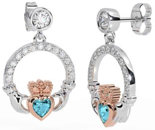 Diamond Aquamarine Rose Gold Silver Claddagh Dangle Earrings