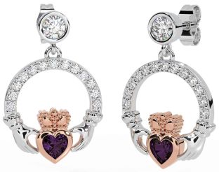 Diamond Alexandrite Rose Gold Silver Claddagh Dangle Earrings