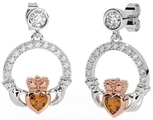 Diamond Citrine Rose Gold Silver Claddagh Dangle Earrings