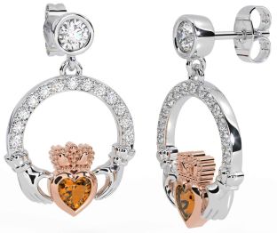 Diamond Citrine Rose Gold Silver Claddagh Dangle Earrings