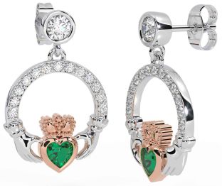 Diamond Emerald Rose Gold Silver Claddagh Dangle Earrings