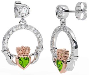 Diamond Peridot Rose Gold Silver Claddagh Dangle Earrings