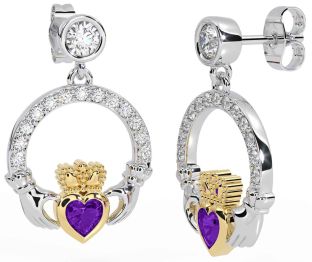 Diamond Amethyst Gold Silver Claddagh Dangle Earrings