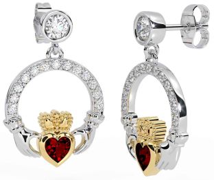 Diamond Garnet Gold Silver Claddagh Dangle Earrings