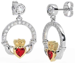Diamond Ruby Gold Silver Claddagh Dangle Earrings