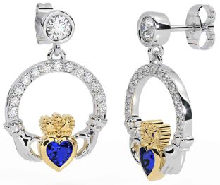 Diamond Sapphire Gold Silver Claddagh Dangle Earrings