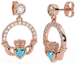 Diamond Aquamarine Rose Gold Silver Claddagh Dangle Earrings