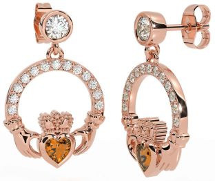 Diamond Citrine Rose Gold Silver Claddagh Dangle Earrings