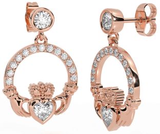 Diamond Rose Gold Silver Claddagh Dangle Earrings