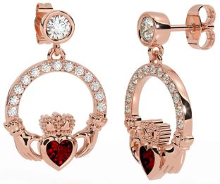 Diamond Garnet Rose Gold Silver Claddagh Dangle Earrings