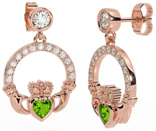 Diamond Peridot Rose Gold Silver Claddagh Dangle Earrings