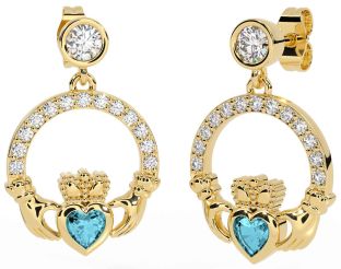 Diamond Aquamarine Gold Silver Claddagh Dangle Earrings