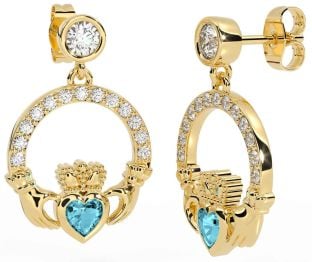 Diamond Aquamarine Gold Silver Claddagh Dangle Earrings
