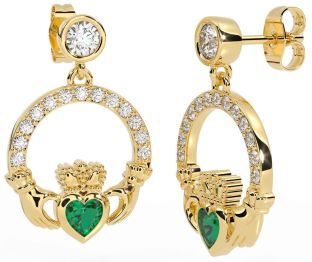 Diamond Emerald Gold Silver Claddagh Dangle Earrings