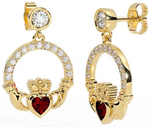 Diamond Garnet Gold Silver Claddagh Dangle Earrings