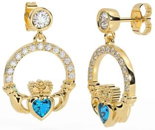 Diamond Topaz Gold Silver Claddagh Dangle Earrings