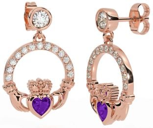 Diamond Amethyst Rose Gold Claddagh Dangle Earrings