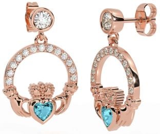 Diamond Aquamarine Rose Gold Claddagh Dangle Earrings