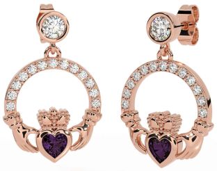 Diamond Alexandrite Rose Gold Claddagh Dangle Earrings