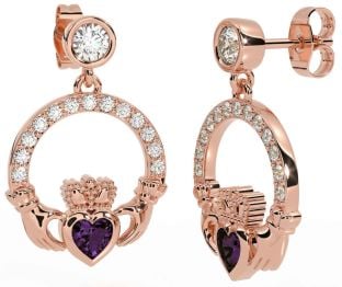Diamond Alexandrite Rose Gold Claddagh Dangle Earrings
