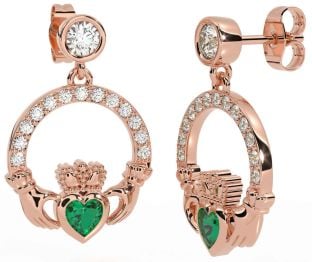 Diamond Emerald Rose Gold Claddagh Dangle Earrings