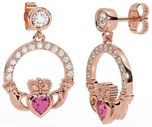 Diamond Pink Tourmaline Rose Gold Claddagh Dangle Earrings