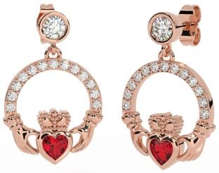 Diamond Ruby Rose Gold Claddagh Dangle Earrings