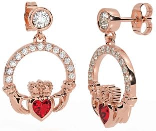 Diamond Ruby Rose Gold Claddagh Dangle Earrings