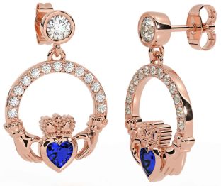 Diamond Sapphire Rose Gold Claddagh Dangle Earrings