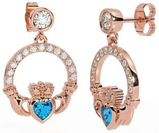 Diamond Topaz Rose Gold Claddagh Dangle Earrings