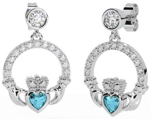 Diamond Aquamarine Silver Claddagh Dangle Earrings