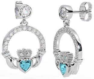 Diamond Aquamarine Silver Claddagh Dangle Earrings