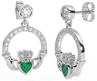 Diamond Emerald Silver Claddagh Dangle Earrings