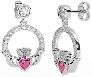 Diamond Pink Tourmaline Silver Claddagh Dangle Earrings