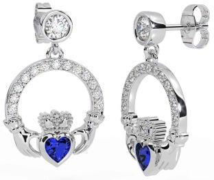 Diamond Sapphire Silver Claddagh Dangle Earrings
