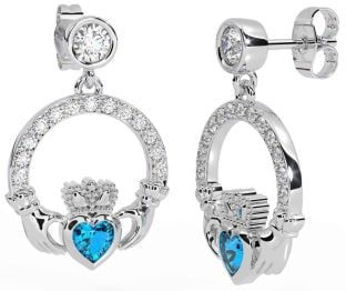 Diamond Topaz Silver Claddagh Dangle Earrings